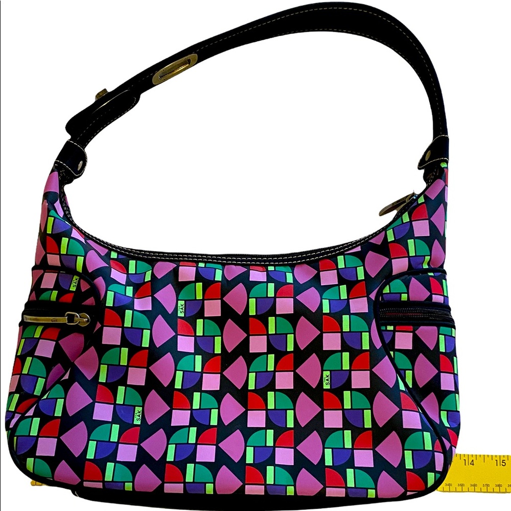 The SAK Shoulder Bag Purse  Multi Color Geometric Logo Adjustable Strap Zip